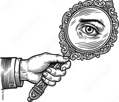 Hand holding ornate vintage mirror reflecting a detailed human eye illustration