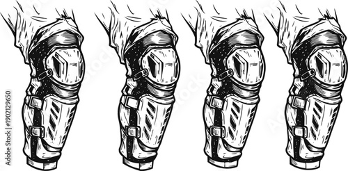 Medieval knight leg armor illustration set hand drawn protective plate greaves with leather straps