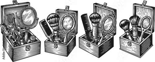 vintage grooming kits with brushes, combs, mirrors, and razors in wooden boxes classic men's toiletry set collection