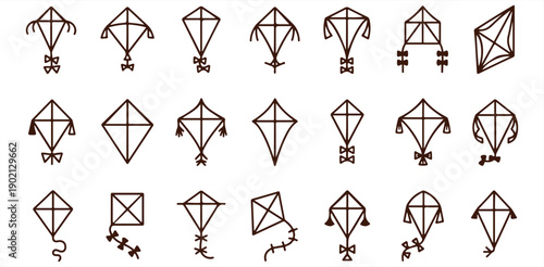 A collection of various kite designs and shapes on a white background