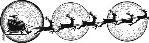 santa claus flying in sleigh pulled by reindeer silhouette with full moon background