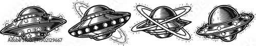 Four vintage flying saucer designs with retro futuristic orbits and circular antennas