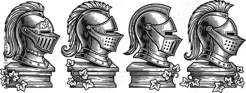 Four medieval knight helmets with plumes on decorative pedestals, vintage armor illustrations