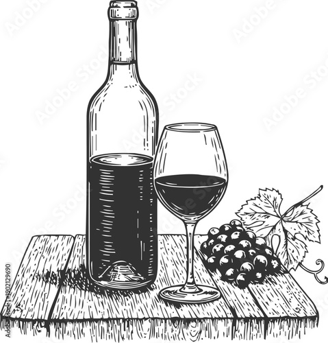 wine bottle with glass and grape cluster on wooden board vintage alcohol drink illustration