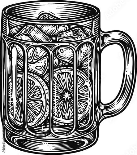 Glass mug filled with iced lemon beverage, refreshing cold drink with ice cubes and citrus slices