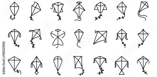 A collection of various kite designs and shapes on a white background