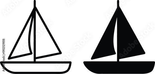 Sailboat line illustration, thin black outline boat with rectangular hull and textured triangular sail
