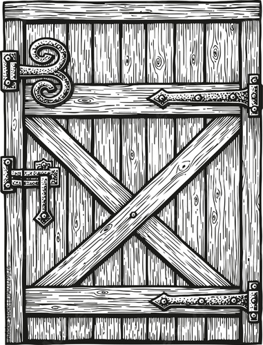 Rustic wooden door with metal hinges and latch vintage barn gate with plank texture and locking mechanism