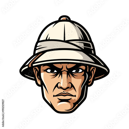 Man Wearing Pith Helmet Serious Expression.