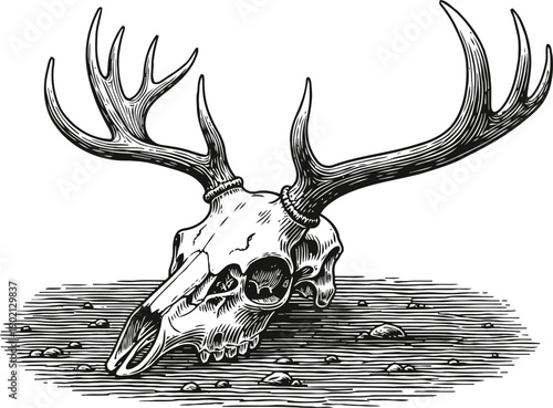 Detailed illustration of a deer skull with antlers lying on the ground in a natural setting