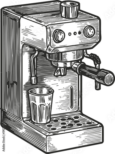 Vintage espresso machine with cup, detailed monochrome sketch illustration of coffee maker