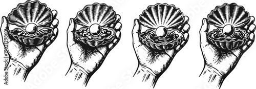 hand holding open oyster shell with pearl inside vintage ink illustration set