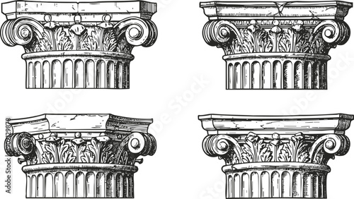 Four detailed classical corinthian capitals architectural elements with acanthus leaves and volutes antique column decorations in vintage engraving