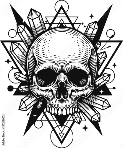 intricate skull with geometric shapes and crystals dark gothic design with mystic symbols and sharp edges