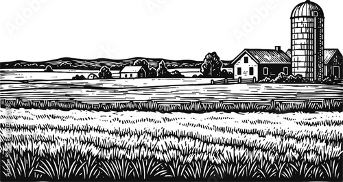 rural farm landscape with barn, silo, fields and trees in country agricultural setting