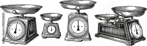 Set of vintage mechanical kitchen scales with dial and weighing platforms