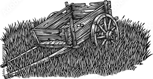 old wooden cart abandoned in tall grass field vintage farm wagon with large spoked wheels