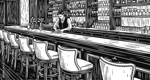 Elegant vintage bar interior with bartender cleaning counter, classic wooden stools and shelves of bottles