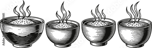 Four steaming bowls of hot soup in vintage engraving style, hand drawn food illustration