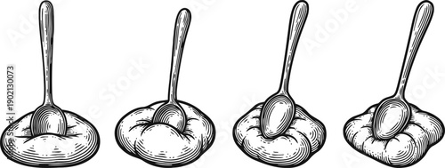 Spoon stirring dough in four stages hand drawn illustration of mixing thick batter or pastry