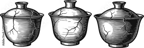 three cracked ceramic pots illustration vintage hand drawn pottery with visible cracks and textures