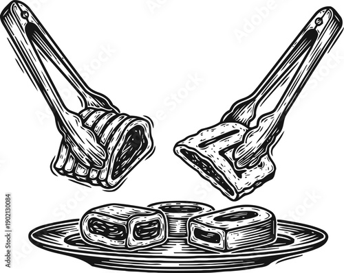 Vintage hand drawn kitchen tongs serving meat on a plate with sauce bowl illustration