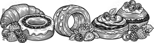 Assorted pastries and desserts with fresh berries croissant, donuts, cakes with cream, strawberries, raspberries, blueberries