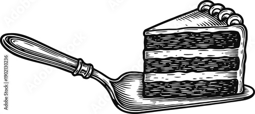 Slice of layered cake on a serving spatula, detailed black and white vintage illustration