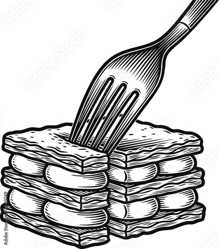 Vintage black and white lasagna with fork piercing through layers of pasta and cheese