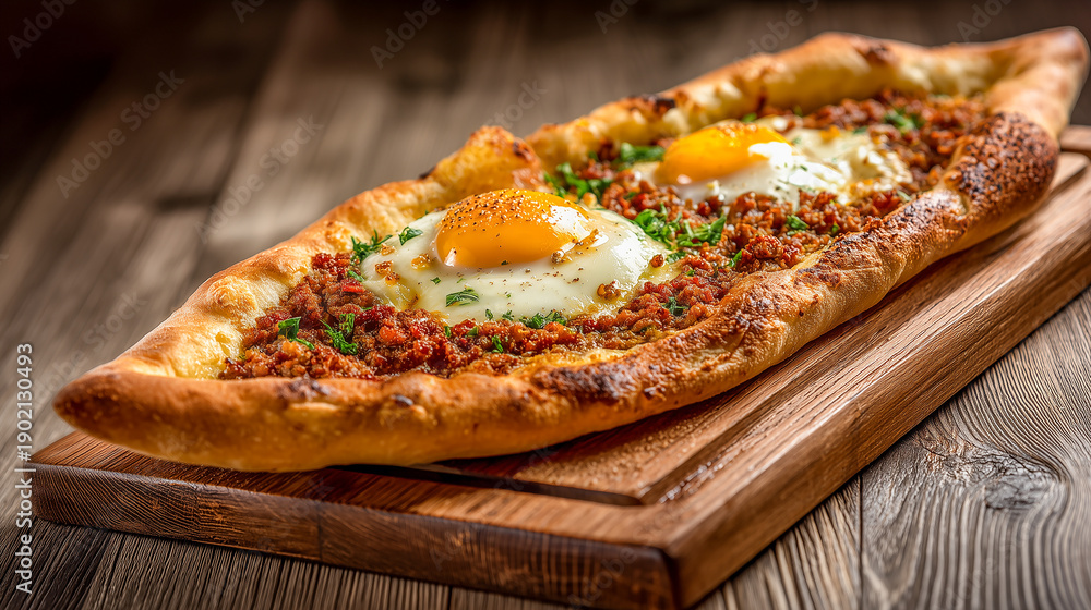 custom made wallpaper toronto digitaltraditional turkish pide flatbread with meat and egg served on a wooden board on a light table