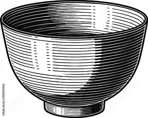 Black and white wooden bowl illustration with horizontal grooves and shading details