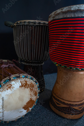 Traditional African Djembe and Dundun Drums in Studio Lighting
