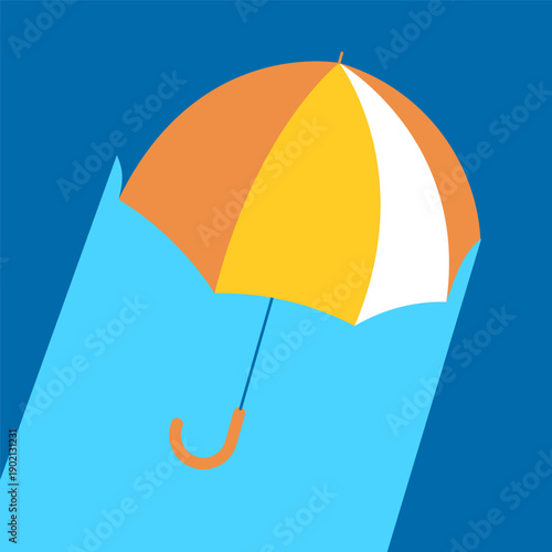 Colorful open umbrella in orange, yellow, white panels, floating against vibrant blue sky background, minimalist flat style illustration