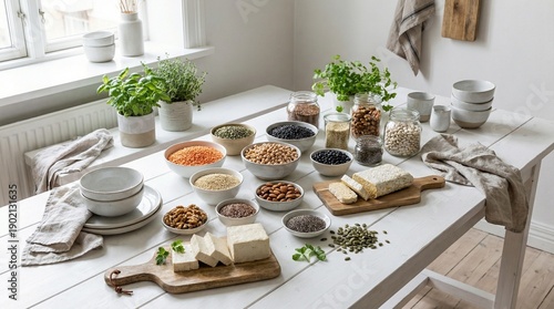 Bright kitchen table with bowls of grains legumes and spices, rustic boards with tofu and herbs for meal prep, cozy home cooking mood for World Vegan Day