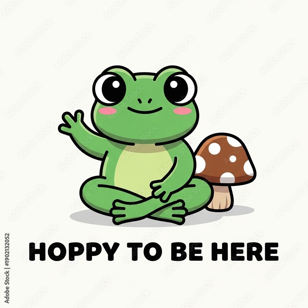 Fototapeta premium Cute friendly green cartoon frog character waving hand sitting next to mushroom in cheerful flat illustration