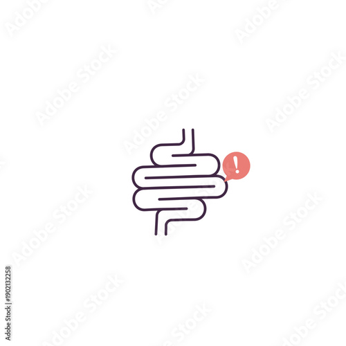 Minimalist vector icon of a human intestine with a red exclamation mark notification. Professional graphic representing bad digestion, gut health issues, constipation, and medical symptoms.