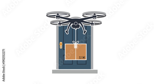 Delivery drone lowering parcel package with cable smart logistics vector