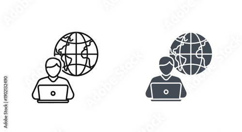 Global connectivity through laptops depicted in simple line art and dark-filled icons