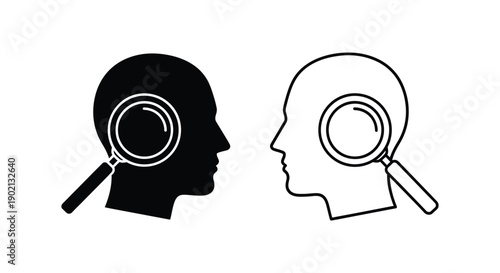 Two human heads facing each other with magnifying glasses observing details closely together