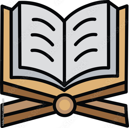 An open Al-quran with pages turned down, resting on crossed swords, symbolizing knowledge and conflict, in a simple illustration style