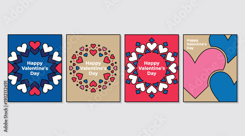 Set of four colorful Valentine's Day greeting cards featuring hearts, love messages, and festive typography for romantic or friendly celebrations.