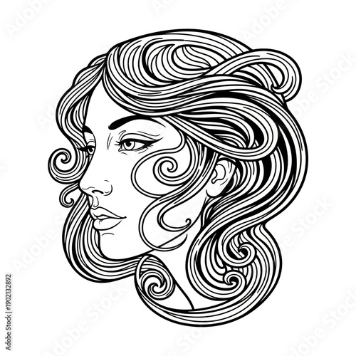 Woman Face Hair Line Art Illustration.