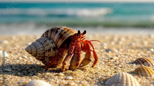 Small orange hermit crab emerges from spiral shell while walking across sunny beach sand