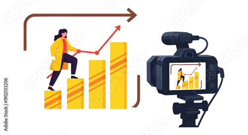 A businesswoman climbing bars representing growth and success, being recorded by a camera device nearby