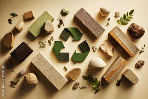 Two wooden crates hold plants and green materials in a simple display. Recycling symbols are featured on containers to promote eco-friendly practices for Earth Day