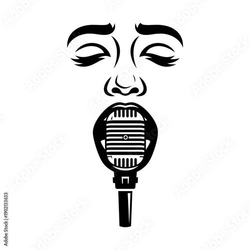 Woman Singing into Vintage Microphone.