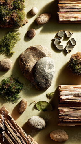 Two wooden crates hold plants and green materials in a simple display. Recycling symbols are featured on containers to promote eco-friendly practices for Earth Day
