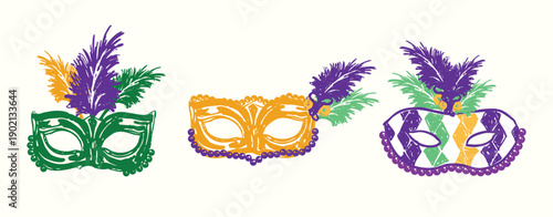 Mardi Gras Festive Masquerade Icon Set with Mask Beads Feathers and Jester Hat