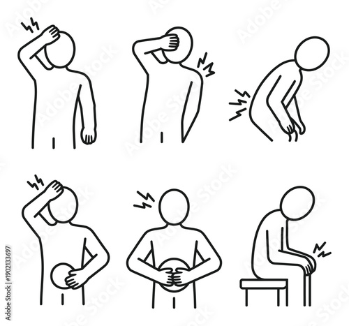 Body pain vector icon set, illustrating different aches, discomforts, health problems, and wellness applications.