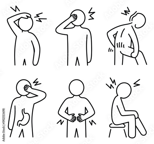 Body pain vector icon set, illustrating different aches, discomforts, health problems, and wellness applications.